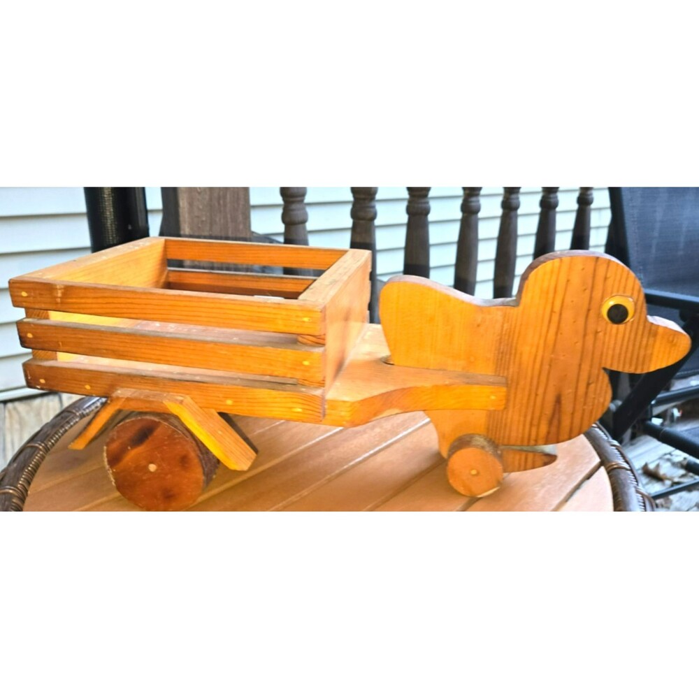 Vintage Handmade Wooden Duck Rolling Planter Wagon / Farmhouse Toy